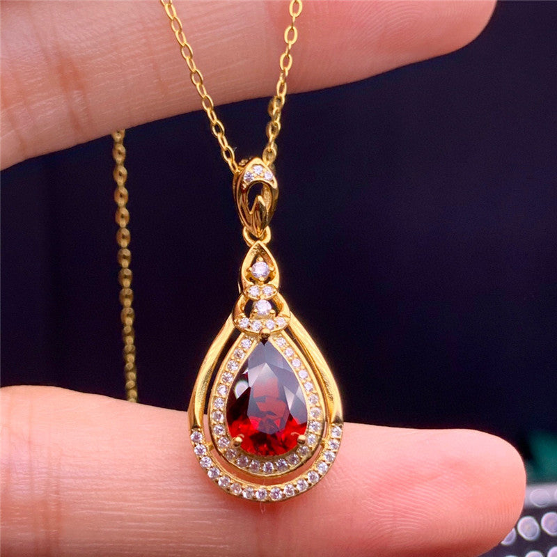 RED DROP GARNET STERLING SILVER PENDANT NECKLACE