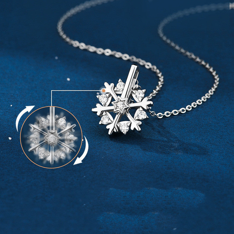 Shiny Rhinestone Rotatable Snowflake Necklace - 925 Silver, Birthday Gift