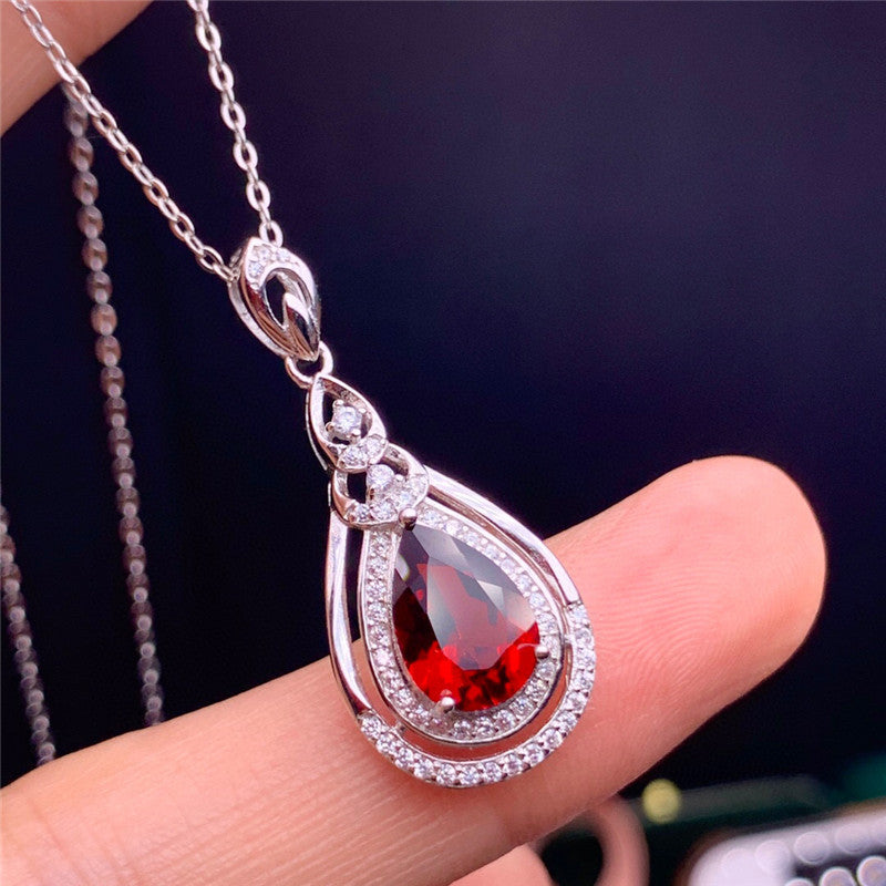 RED DROP GARNET STERLING SILVER PENDANT NECKLACE