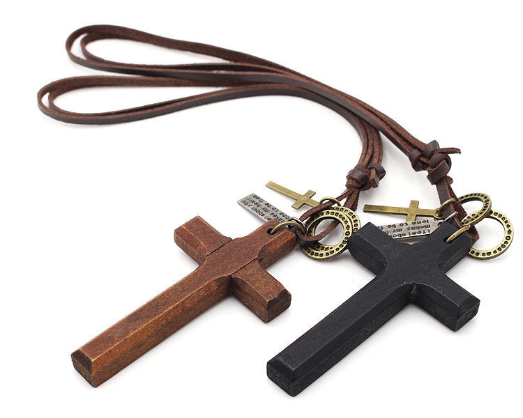 NATURAL WOOD CROSS LEATHER CORD SWEATER NECKLACE