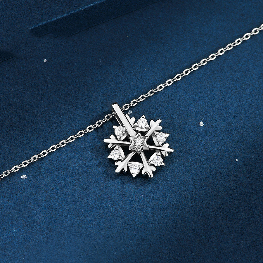 Shiny Rhinestone Rotatable Snowflake Necklace - 925 Silver, Birthday Gift