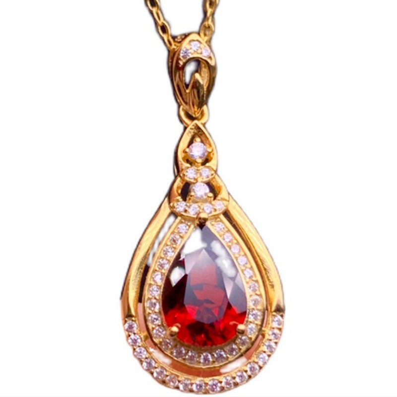 RED DROP GARNET STERLING SILVER PENDANT NECKLACE