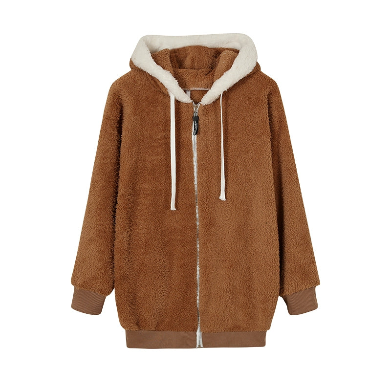 New Style Autumn And Winter Loose Plush Zipper Hooded Jacket Woman