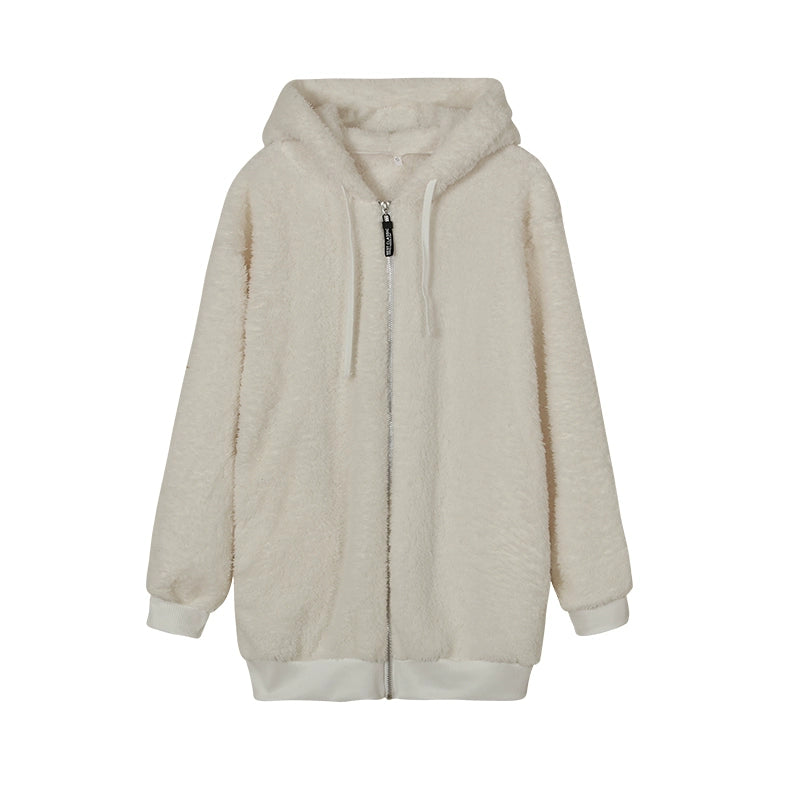 New Style Autumn And Winter Loose Plush Zipper Hooded Jacket Woman