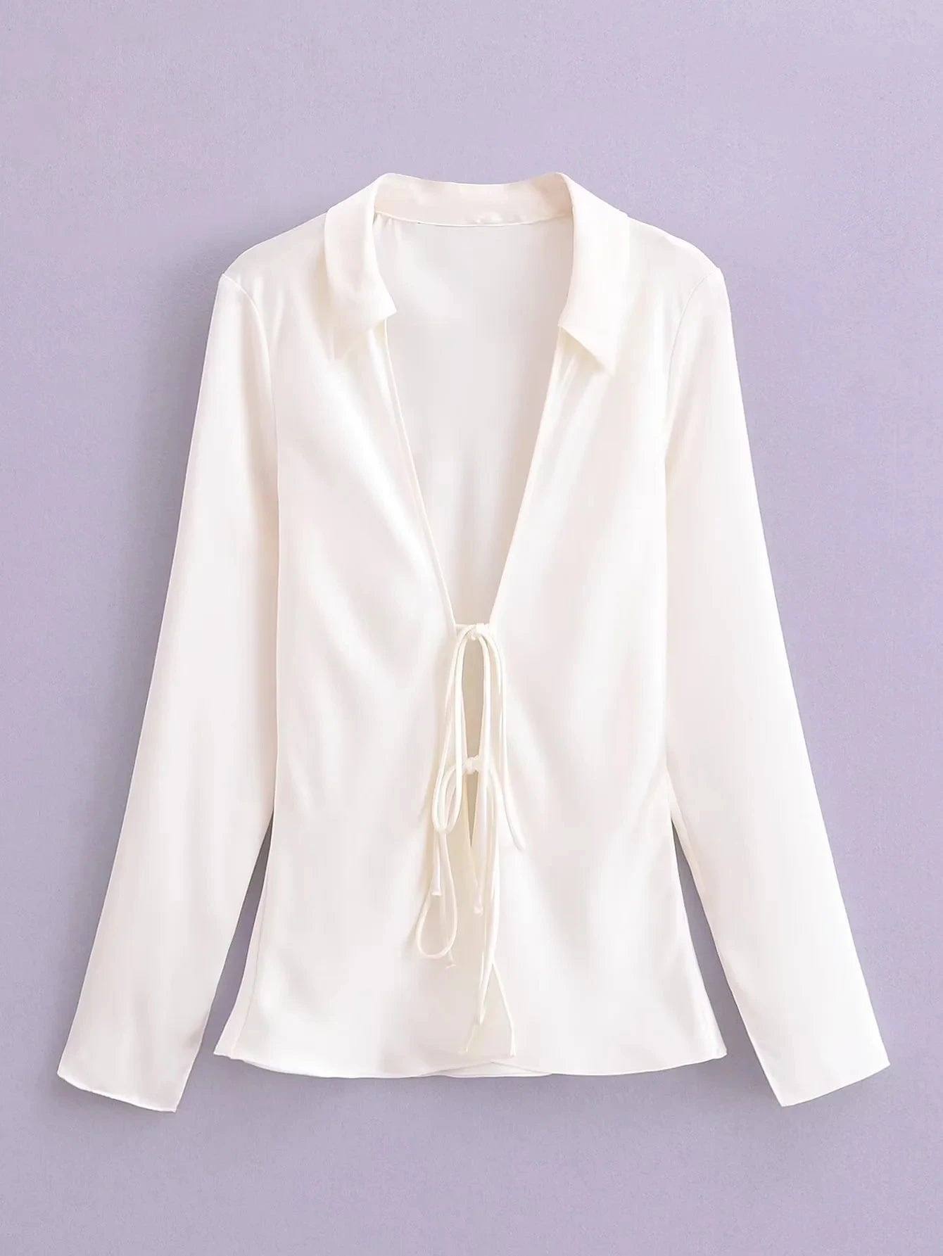 Satin White V-Neck Bow Tie Blouse for Women