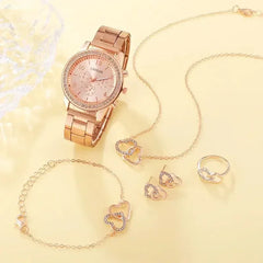 Rhinestone Rose Gold Watch & Elegant Jewelry Set for Women