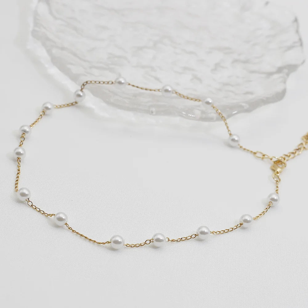 Beads Women's Neck Chain - Pearl Lace Gold Color Goth Choker