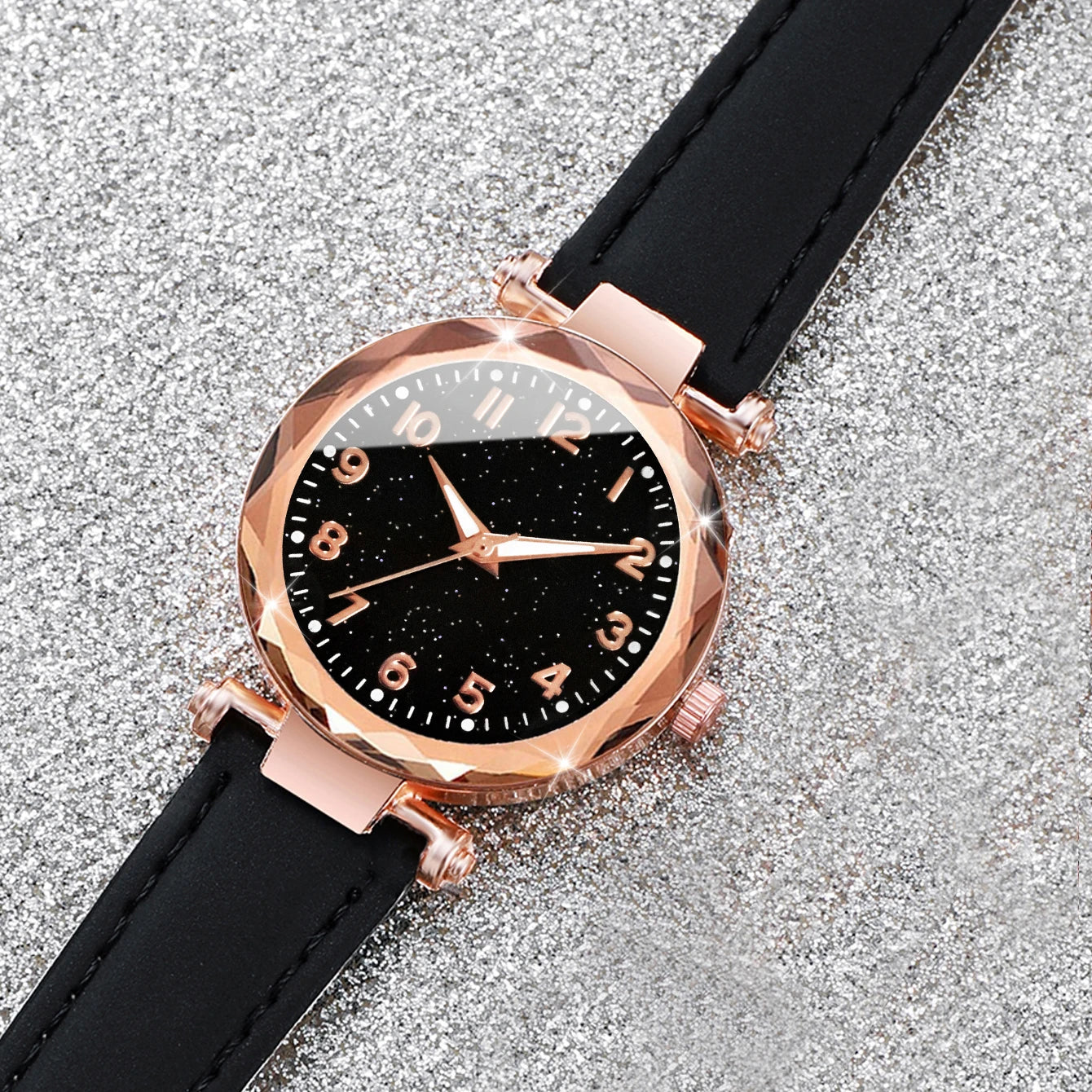 Women's Leather Band Analog Quartz Watch & Bracelet Set