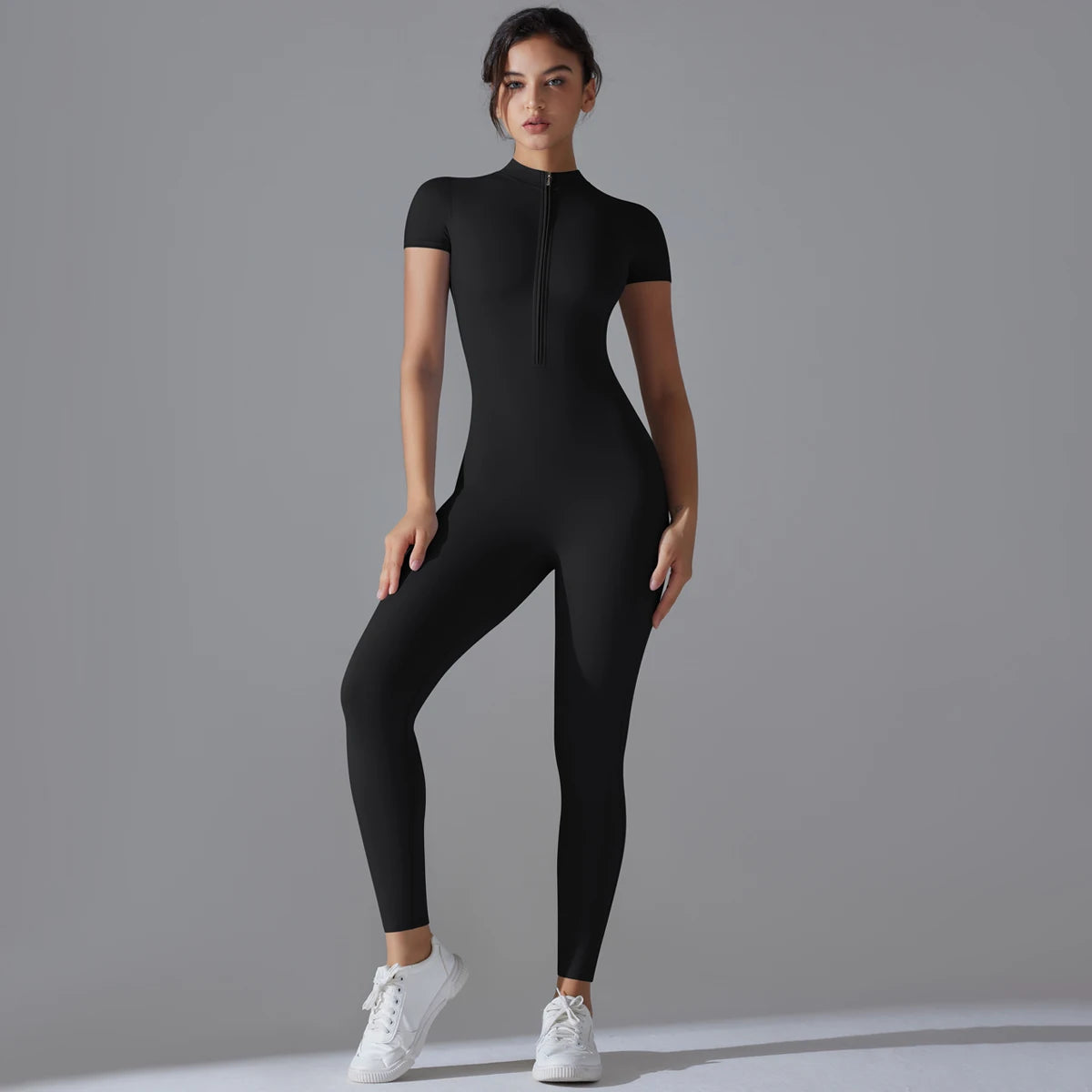 Women's Short Sleeve Zipper Yoga Jumpsuit