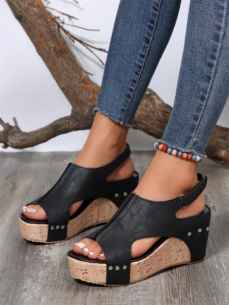 Women's Black Wedge Sandals with Buckle