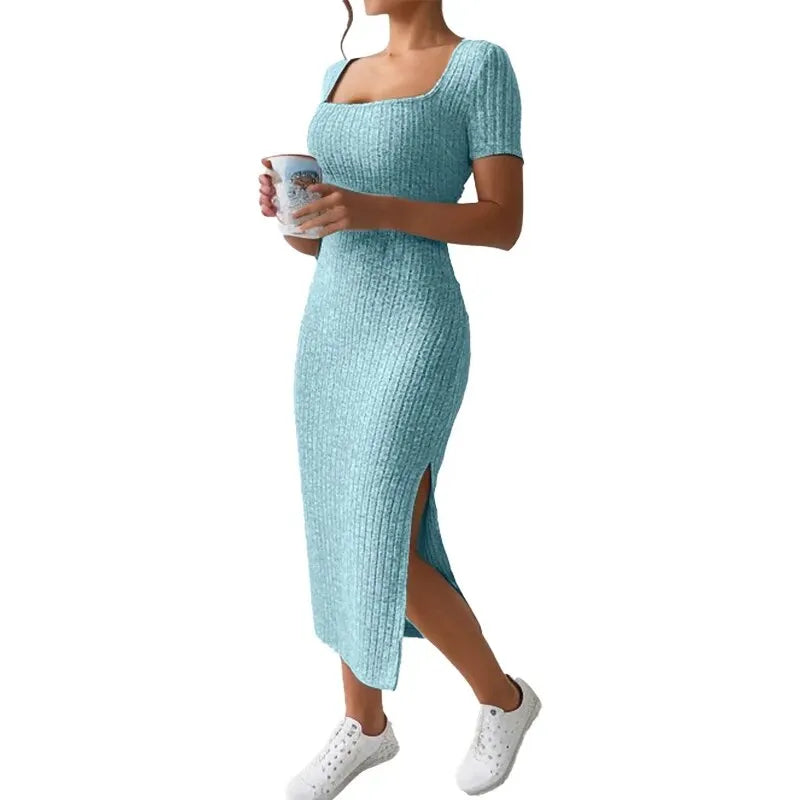 Summer Square Neck Knitted Slit Dress