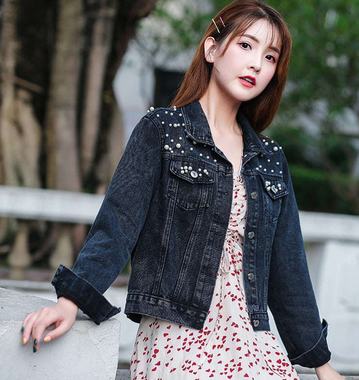 2024 Women's Short Denim Jacket Beaded Pearl Jacket Loose Spring and Autumn New Denim Jacket