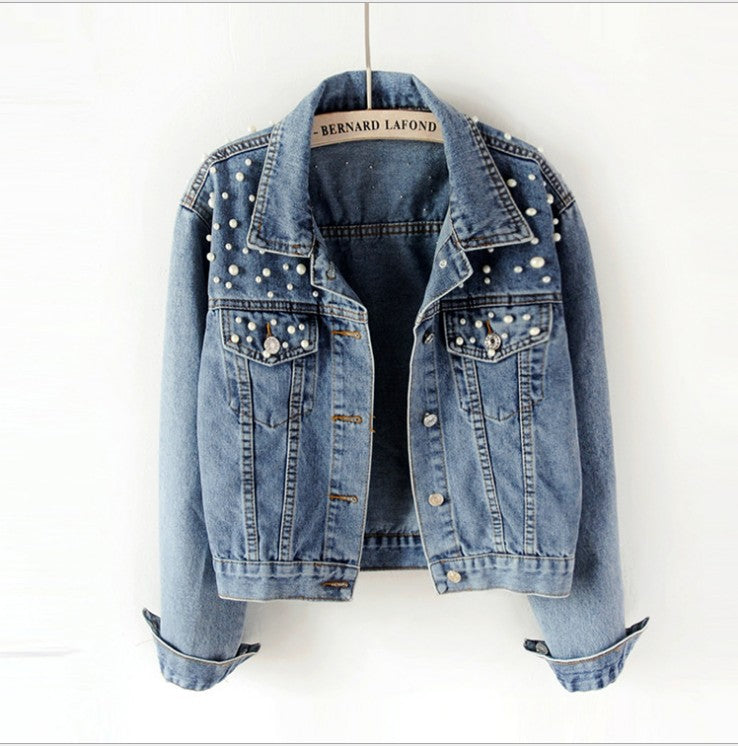 2024 Women's Short Denim Jacket Beaded Pearl Jacket Loose Spring and Autumn New Denim Jacket