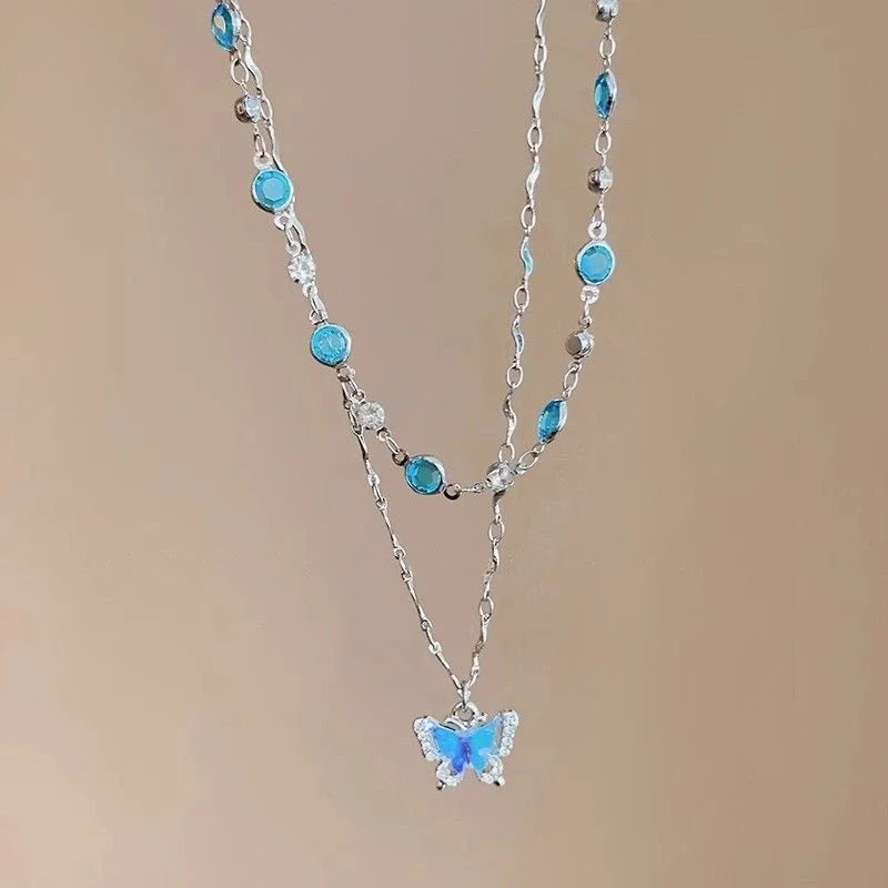 Romantic Blue Crystal Butterfly Necklace for Women