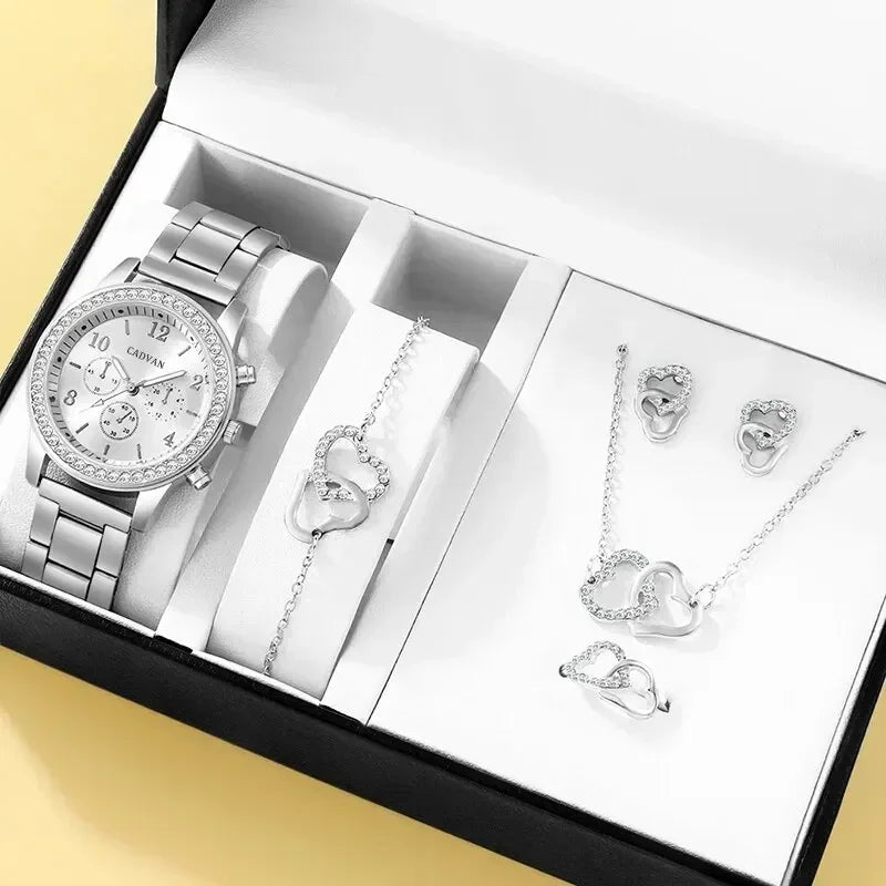 Rhinestone Rose Gold Watch & Elegant Jewelry Set for Women