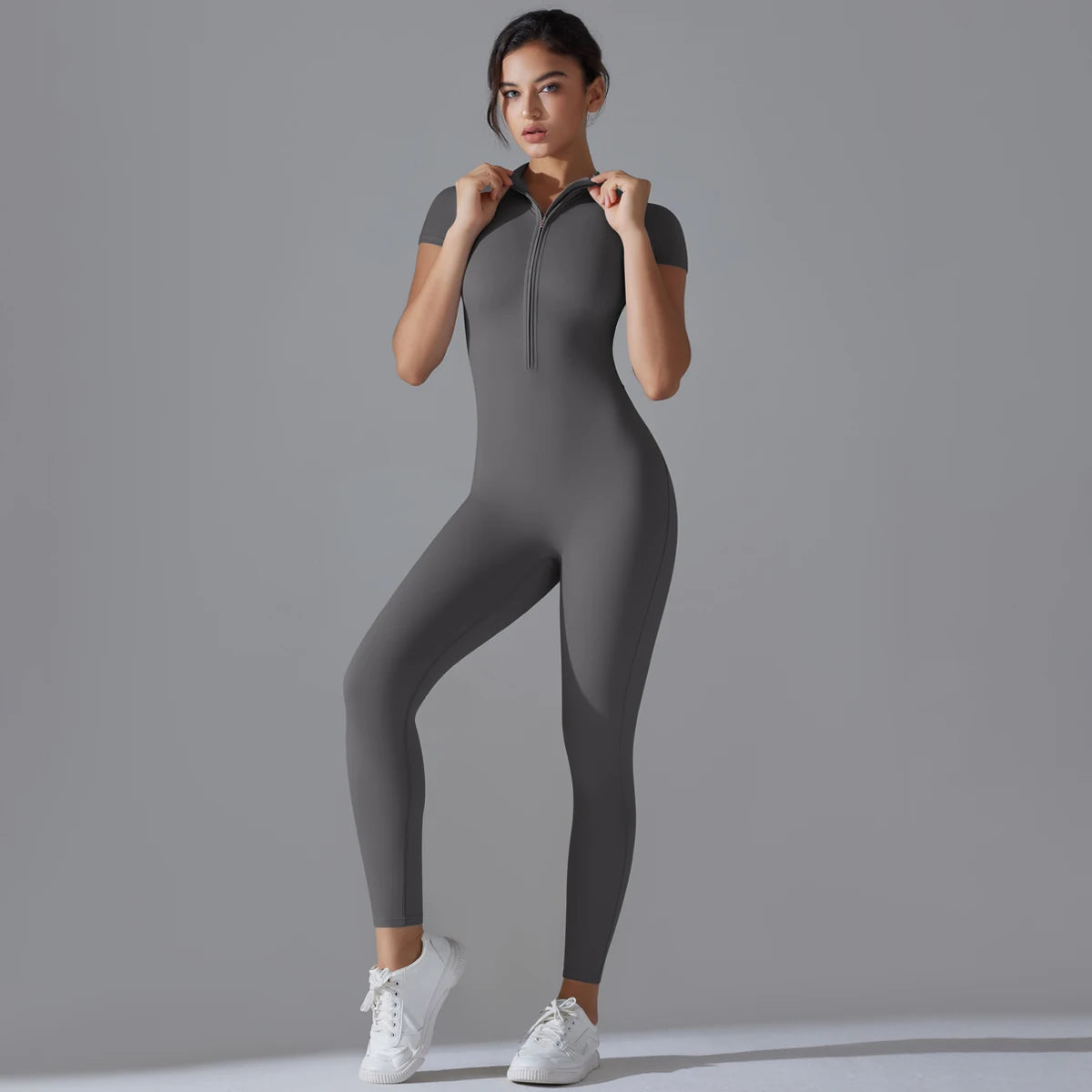 Women's Short Sleeve Zipper Yoga Jumpsuit