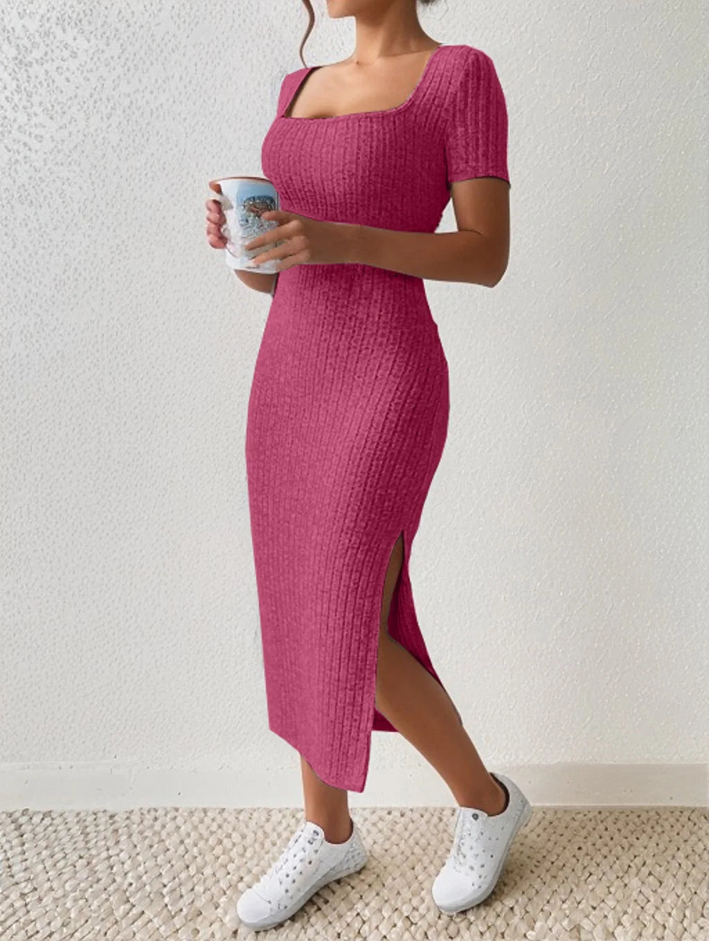 Summer Square Neck Knitted Slit Dress