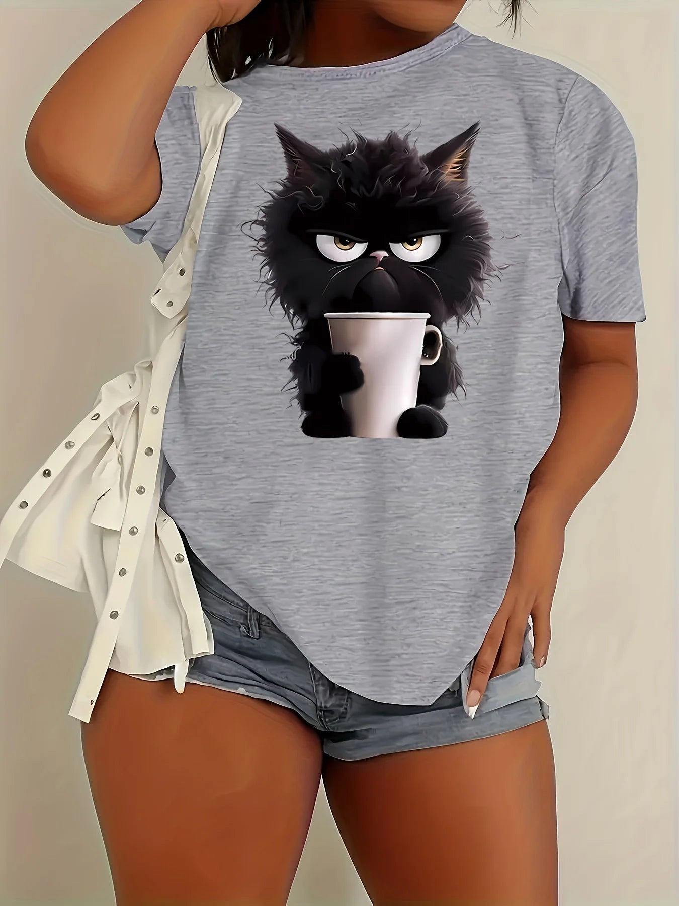 Women's Cat Print Crew Neck Short Sleeve T-Shirt