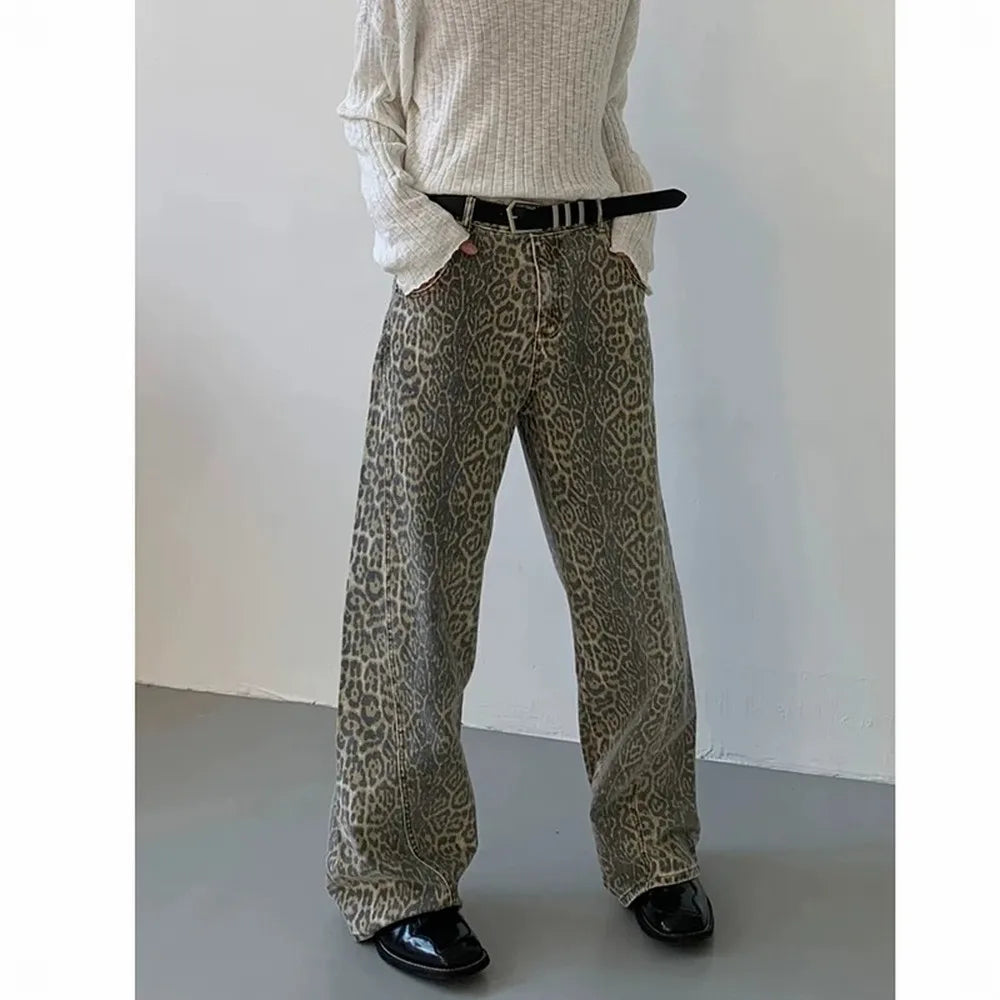 Women's High Waist Leopard Straight Leg Y2K Denim Pants