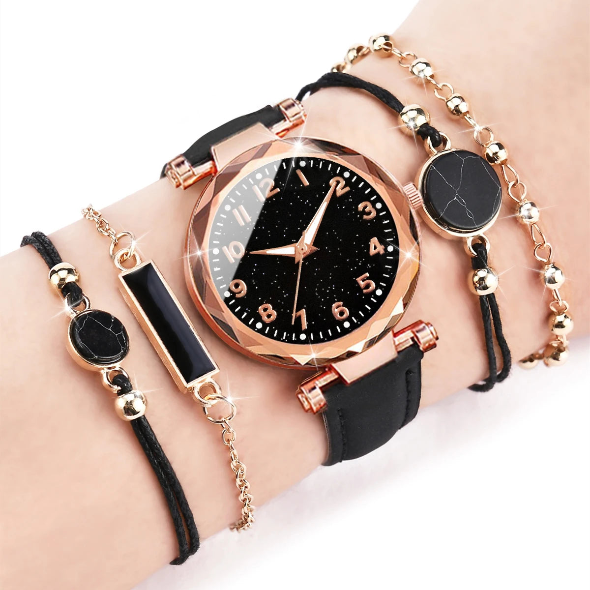 Women's Leather Band Analog Quartz Watch & Bracelet Set
