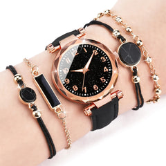 Women's Leather Band Analog Quartz Watch & Bracelet Set