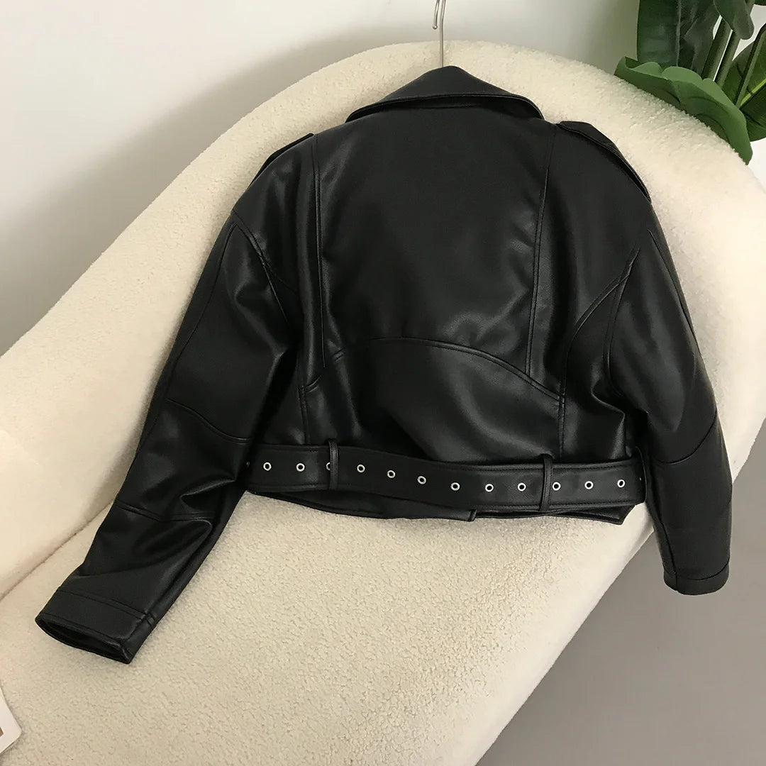 New Spring Woman Faux Leather Jacket Chic Vintage American street wear Short Lapel Zipper Belt Biker Coats Fashion Streetwear