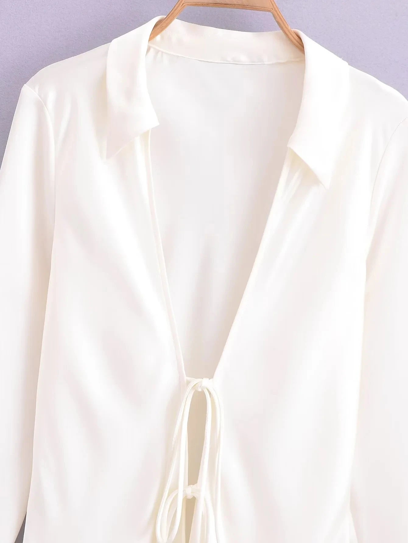 Satin White V-Neck Bow Tie Blouse for Women