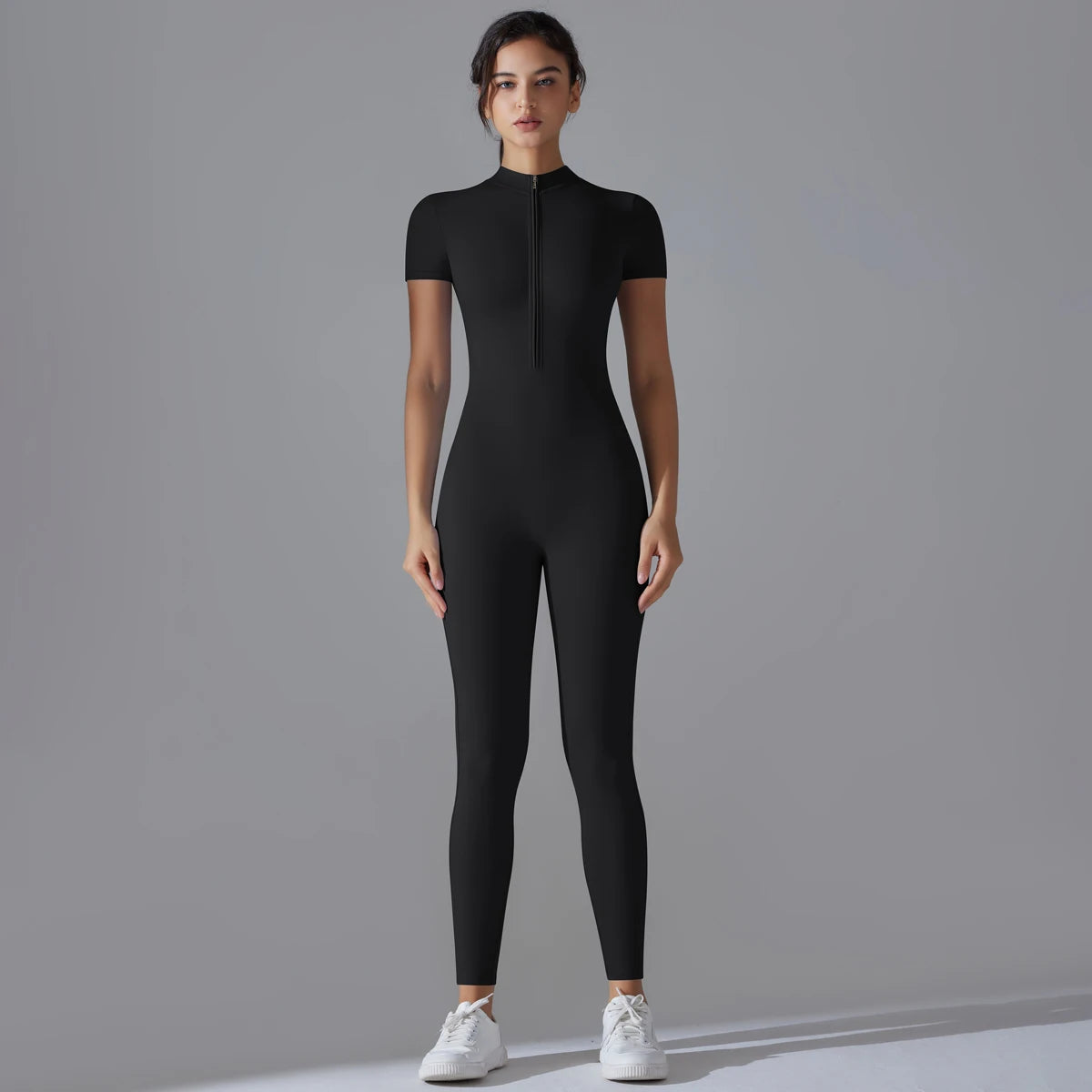 Women's Short Sleeve Zipper Yoga Jumpsuit