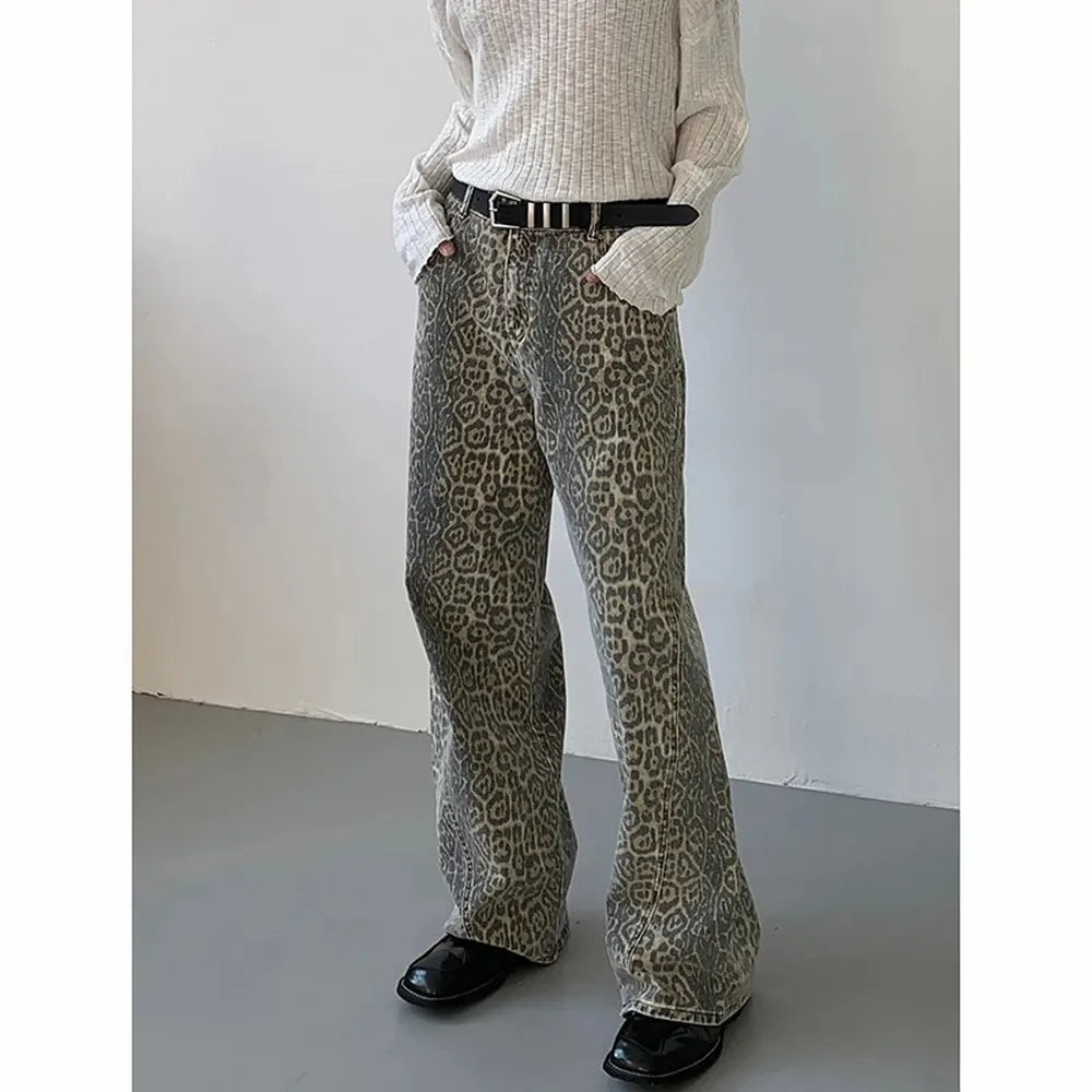 Women's High Waist Leopard Straight Leg Y2K Denim Pants