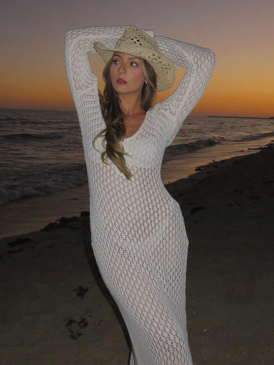 Sexy White Knit Beach Cover-Up with Deep V-Neck