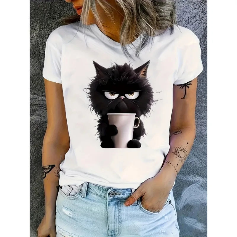 Women's Cat Print Crew Neck Short Sleeve T-Shirt