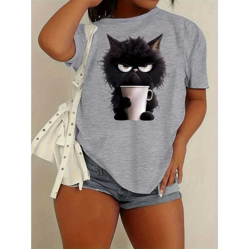 Women's Cat Print Crew Neck Short Sleeve T-Shirt