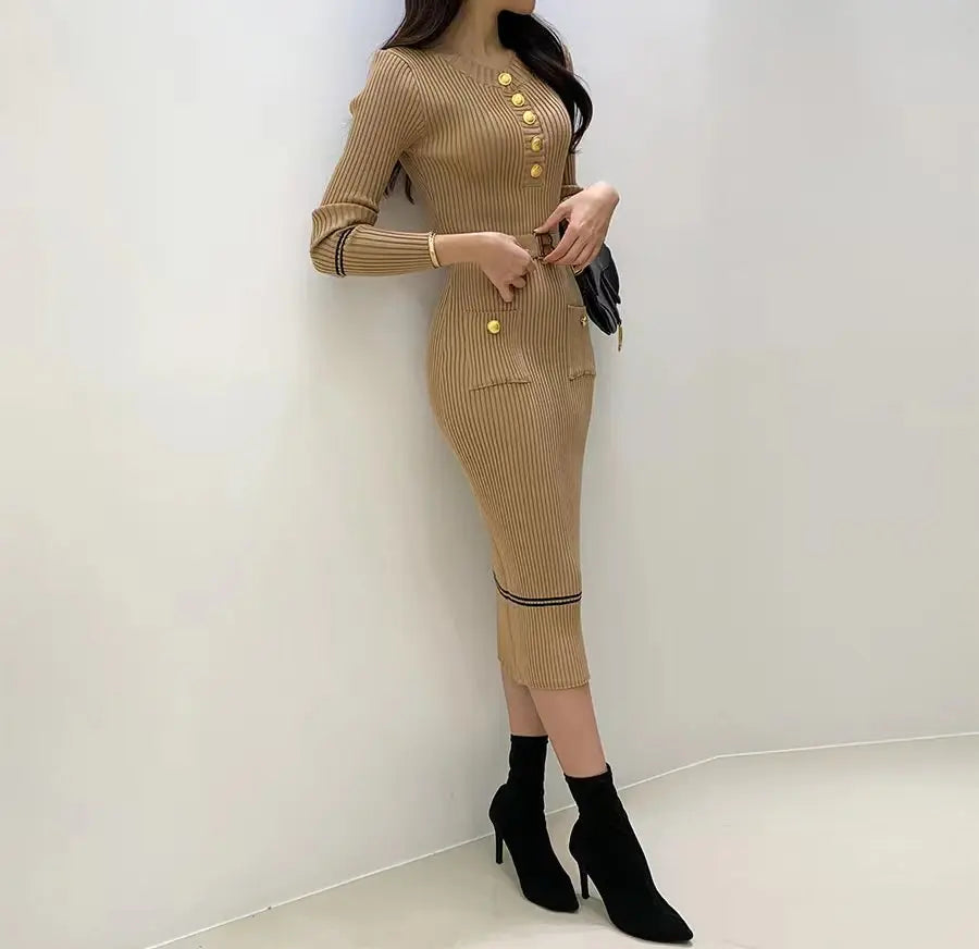 Women's Knitted O-neck Bodycon Sweater Dress with Belt