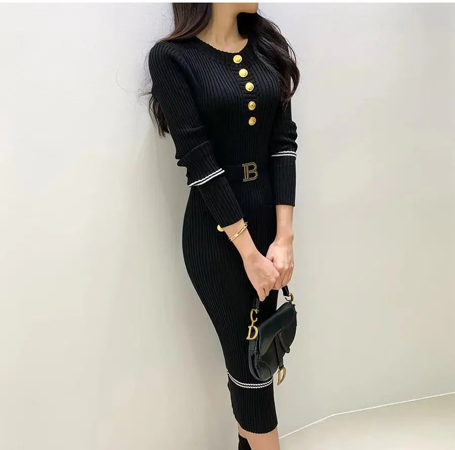 Women's Knitted O-neck Bodycon Sweater Dress with Belt