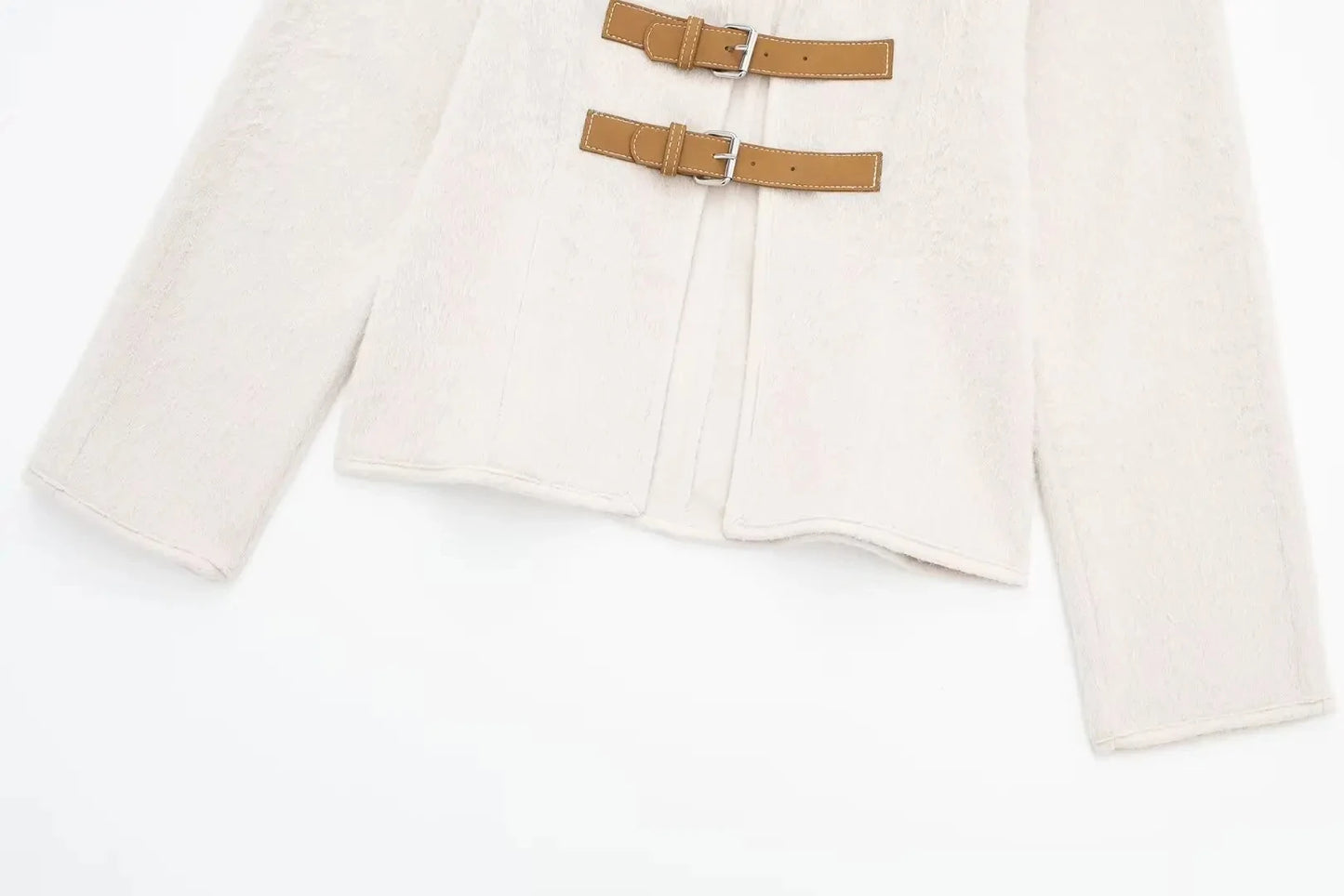 Vintage White Woolen Jacket with Leather Buckle