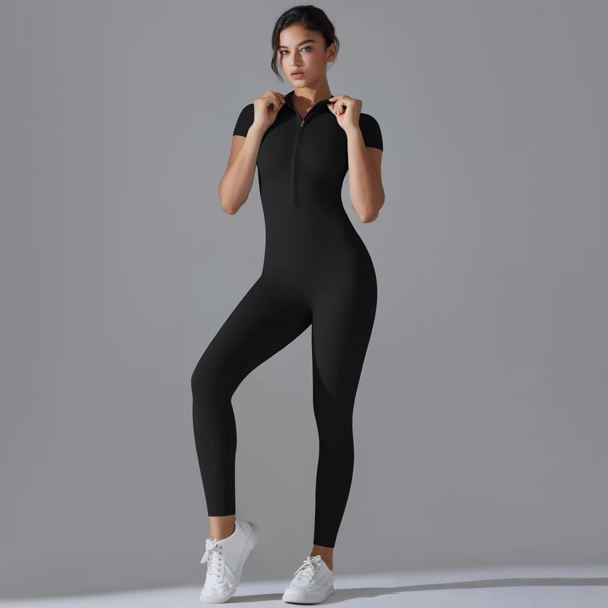 Women's Short Sleeve Zipper Yoga Jumpsuit