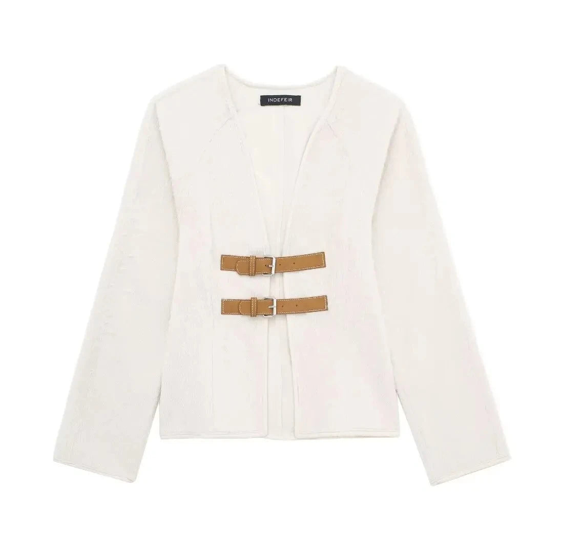 Vintage White Woolen Jacket with Leather Buckle