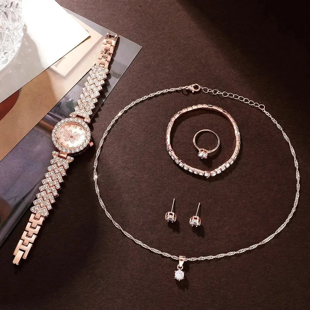 Rose Gold Luxury Watch and Matching Jewelry Set