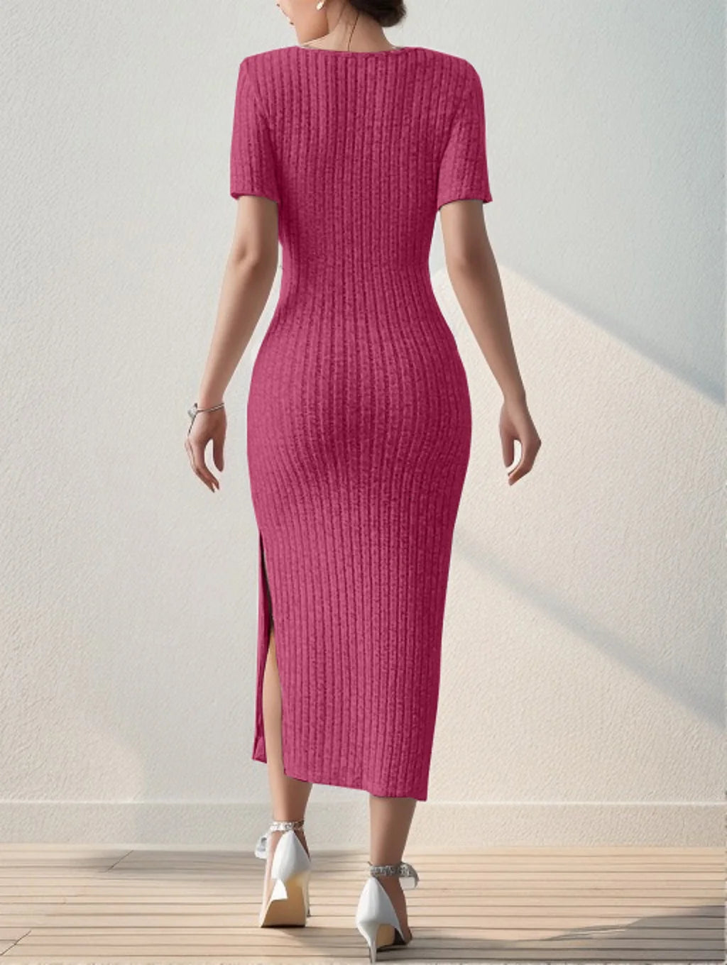 Summer Square Neck Knitted Slit Dress