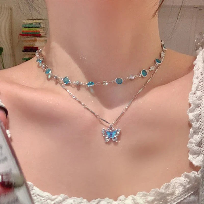 Romantic Blue Crystal Butterfly Necklace for Women