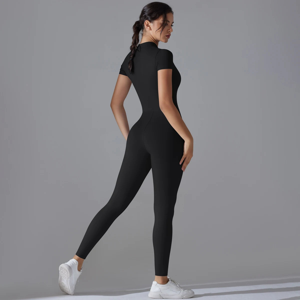 Women's Short Sleeve Zipper Yoga Jumpsuit