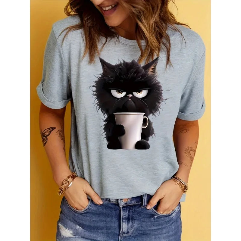 Women's Cat Print Crew Neck Short Sleeve T-Shirt