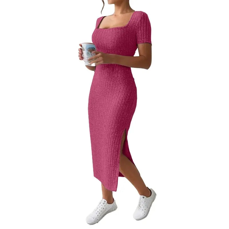 Summer Square Neck Knitted Slit Dress