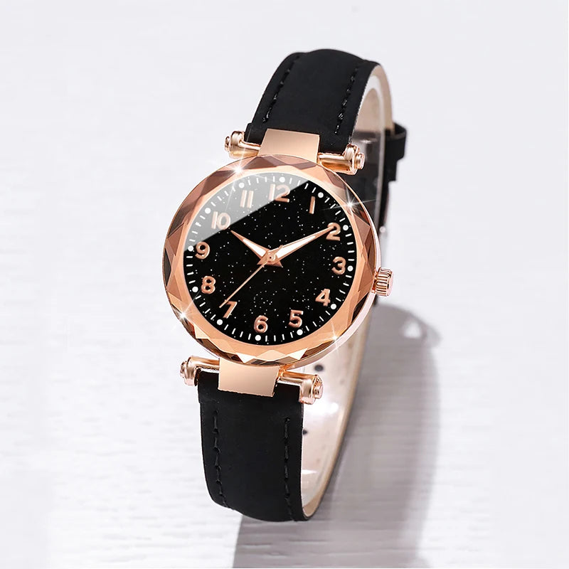 Women's Leather Band Analog Quartz Watch & Bracelet Set