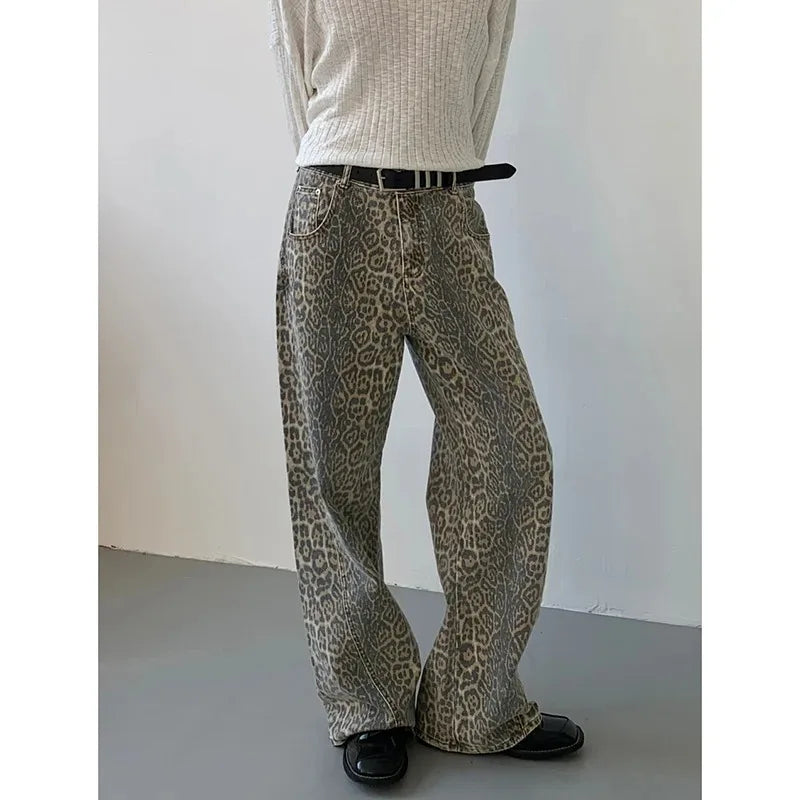 Women's High Waist Leopard Straight Leg Y2K Denim Pants