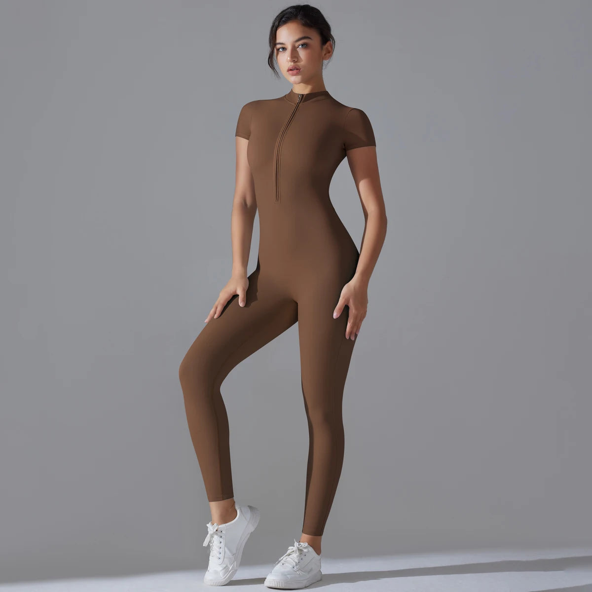 Women's Short Sleeve Zipper Yoga Jumpsuit