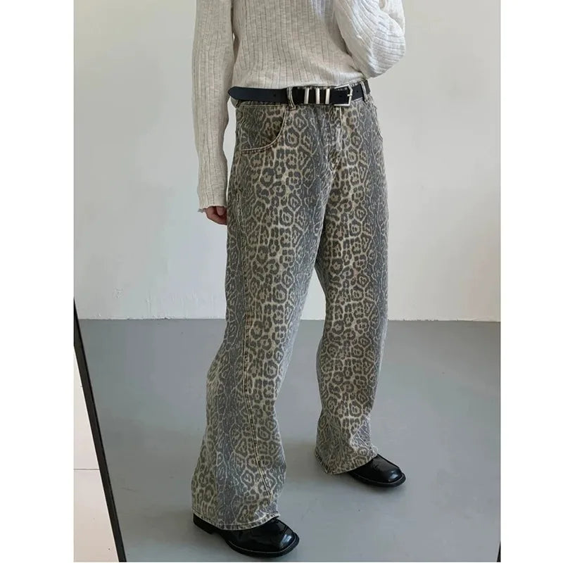 Women's High Waist Leopard Straight Leg Y2K Denim Pants