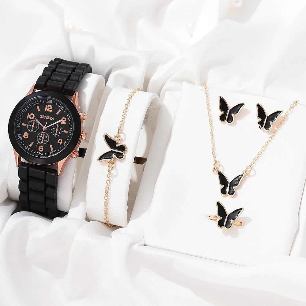 Butterfly Silicone Strap Ladies Quartz Watch & Jewelry Set