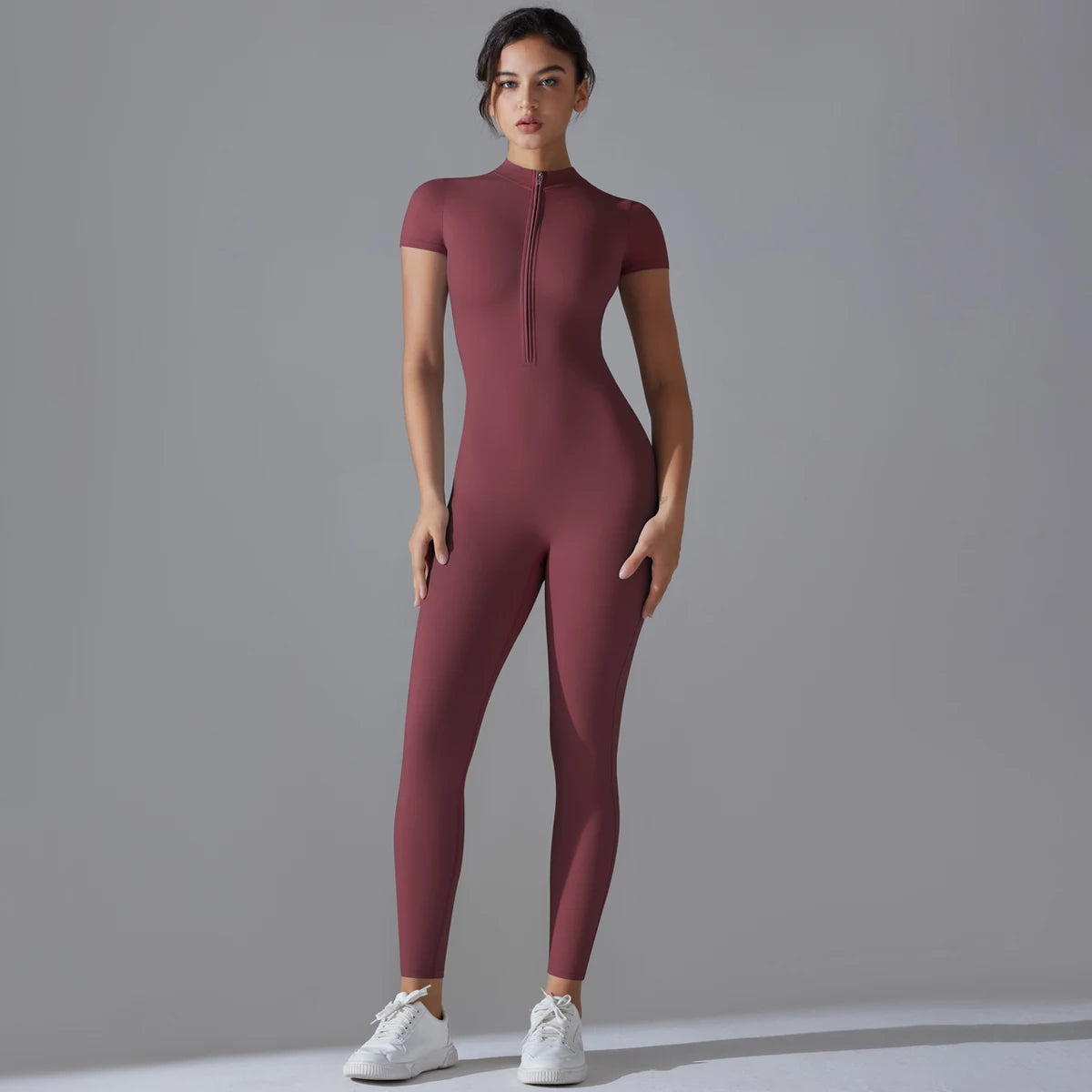 Women's Short Sleeve Zipper Yoga Jumpsuit