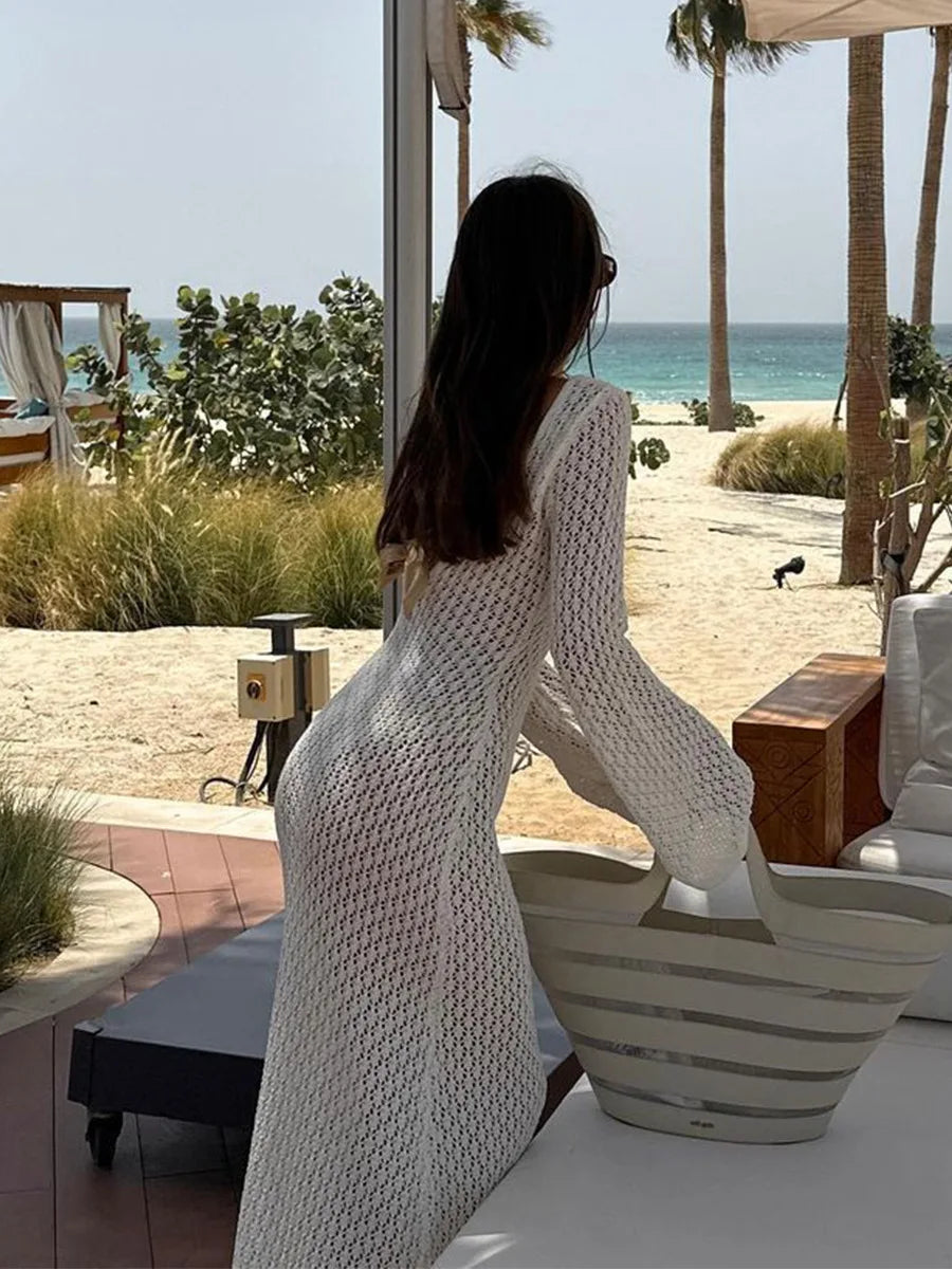 Sexy White Knit Beach Cover-Up with Deep V-Neck